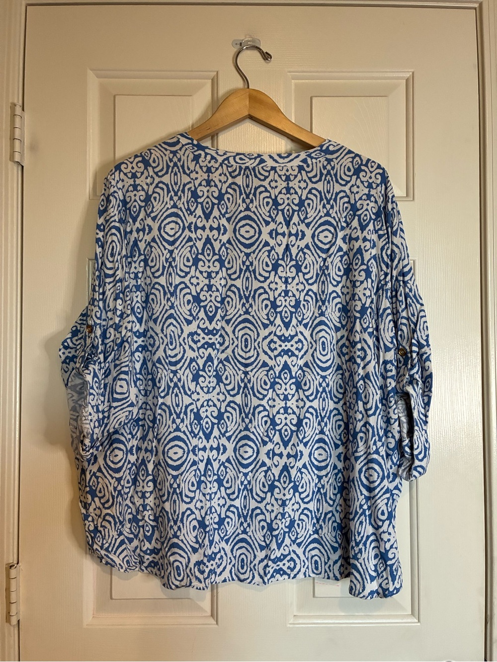 Blue & White Printed Women's Button-Front Blouse - Picture 2 of 6